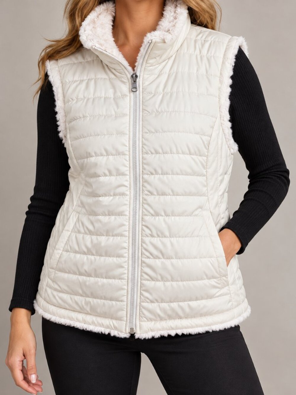 Nicole Miller Women's L Reversible Puffer Faux Fur Vest Ivory White